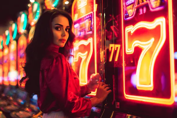 A young woman relaxing with her phone while dynamic casino elements float around her, illustrating the smooth mobile experience offered by the 21GAME app.